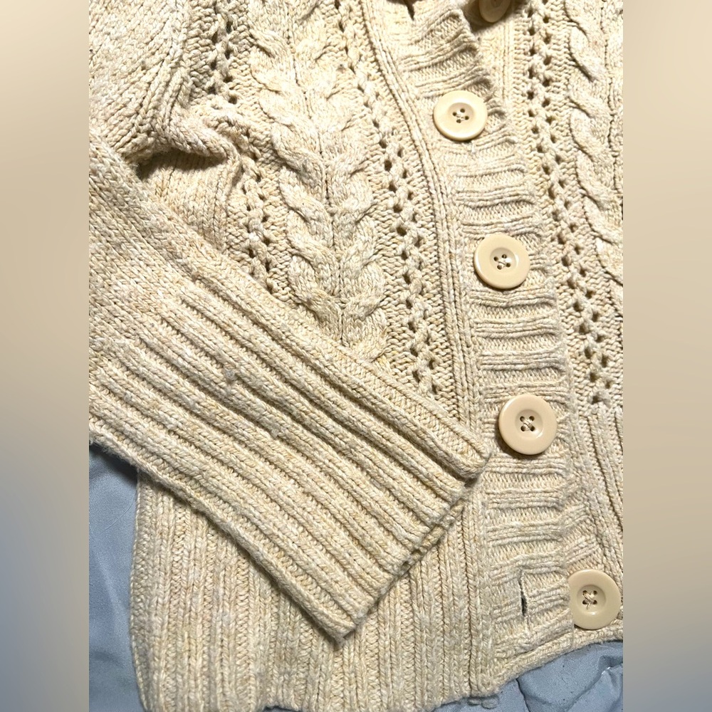 Y2K Mudd Beige/Tan Cable Knit Hooded Wool Cardigan Sweater Hoodie M